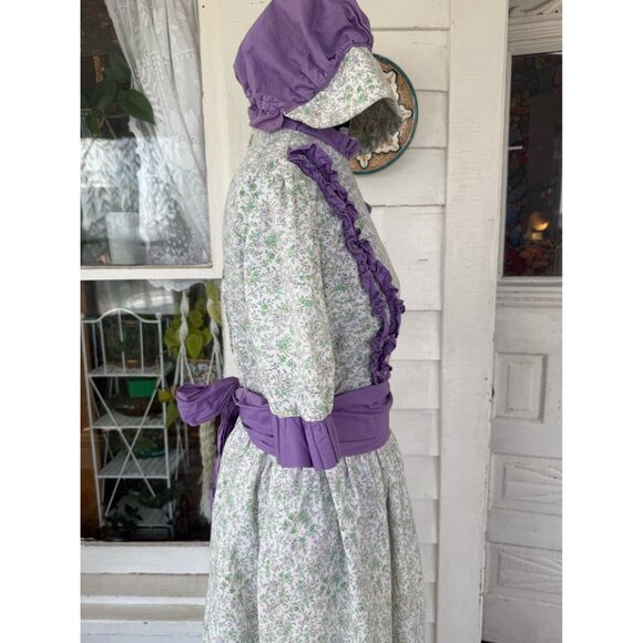 Vintage 70's Cotton Floral Purple Flower Dress With Matching Bonnet Sz M - Picture 12 of 16